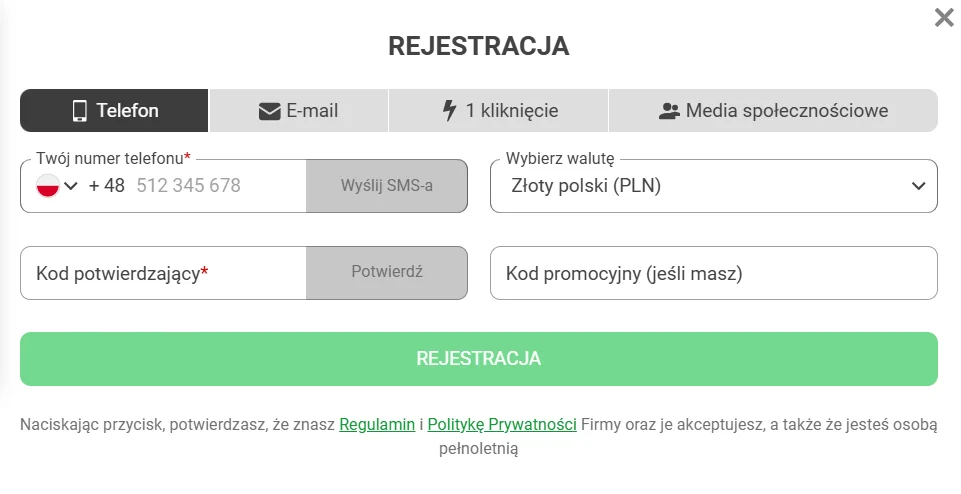 Formularz rejestracji telefonicznej 888Starz
